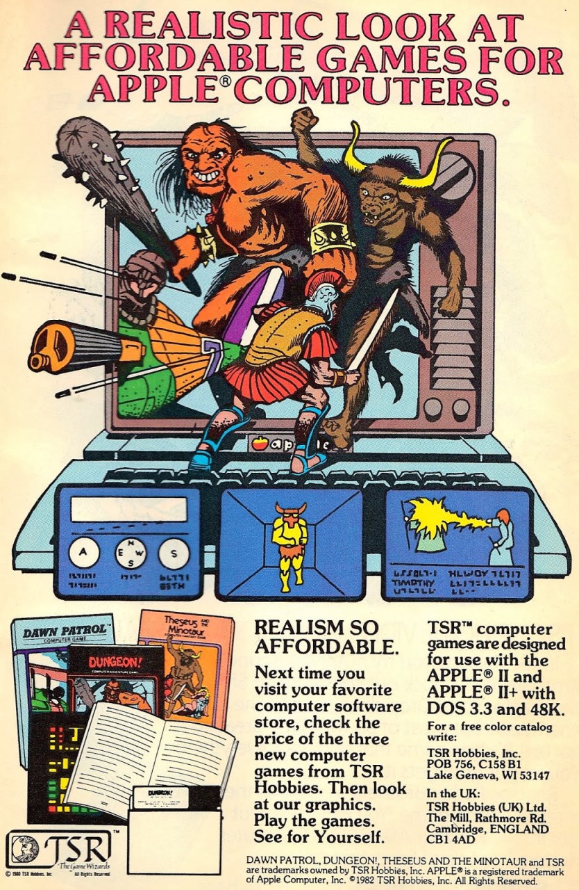 Цветная реклама игр TSR для Apple II+ из начала 80-х годов.